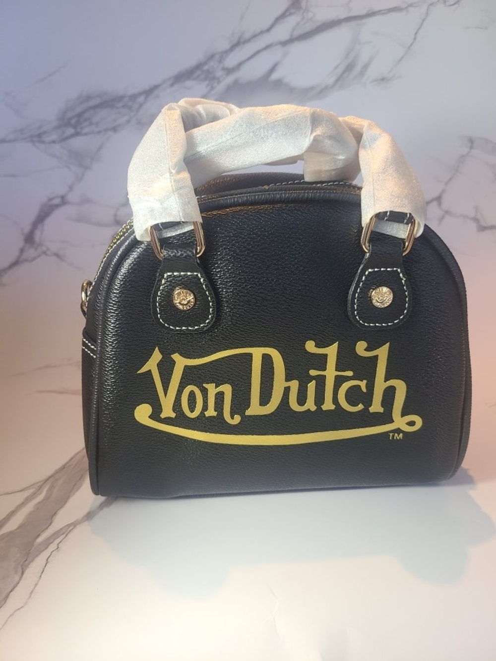 Von Dutch Black Mini Dome Bag with Yellow Logo - Picture 1 of 2